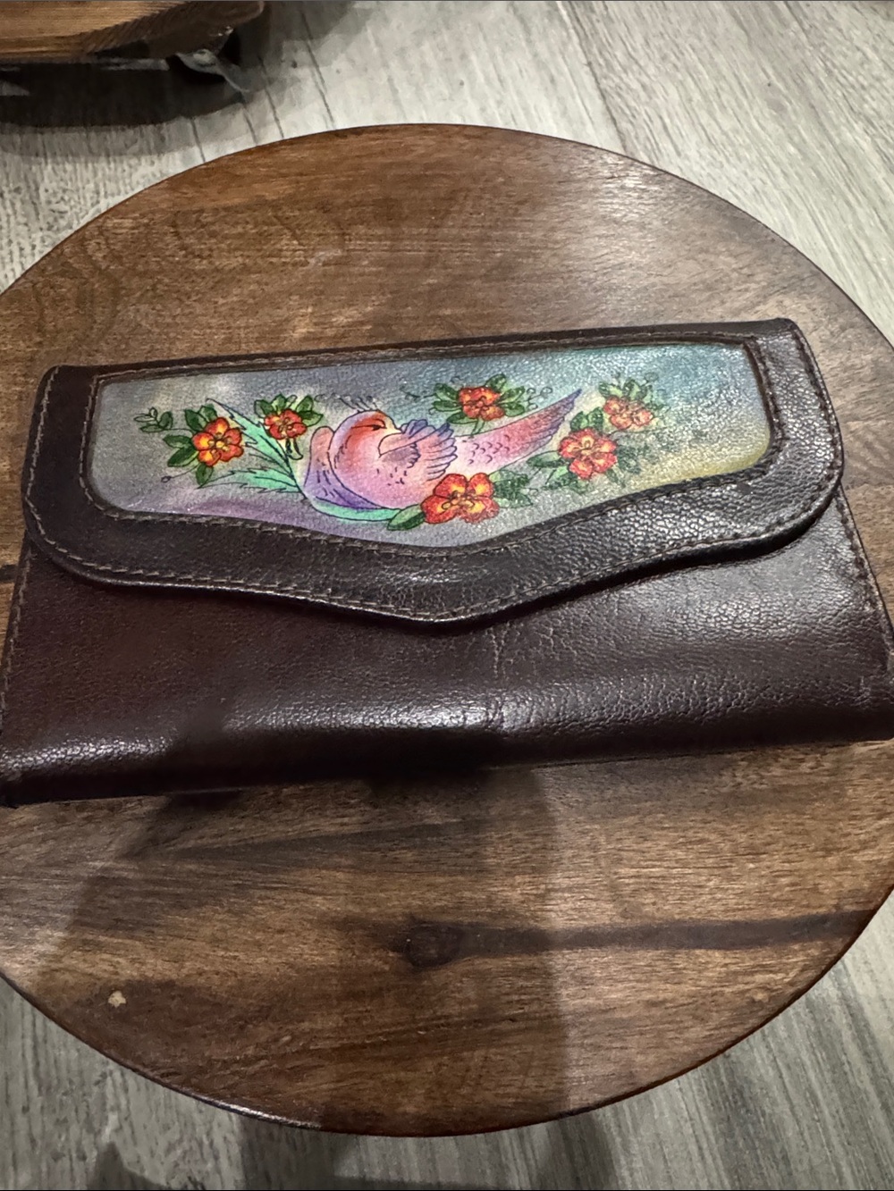 Hand-Painted style Brown Leather Clutch/wallet with Floral Bird Motif